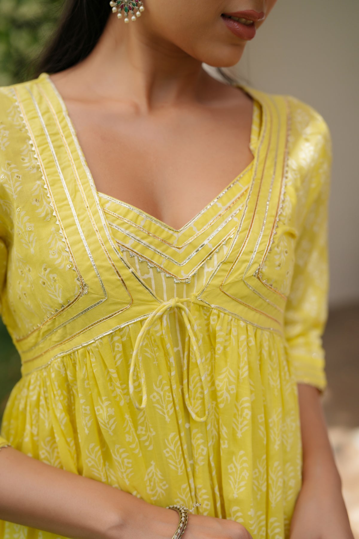 Yellow Cotton Mulmul Khari-Printed Shrug, Kurta & Pant Set