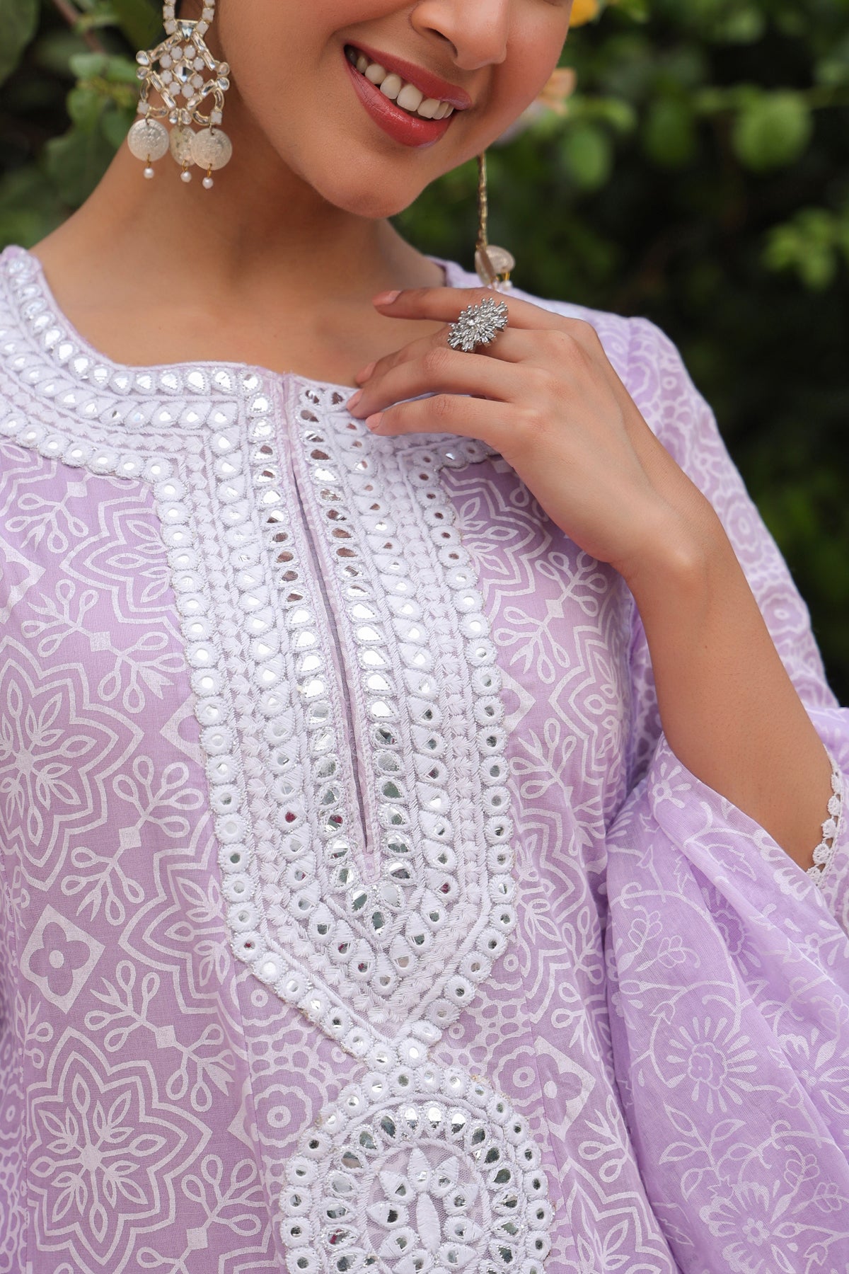 Lavender Cotton Mulmul Khari Printed Anarkali Set