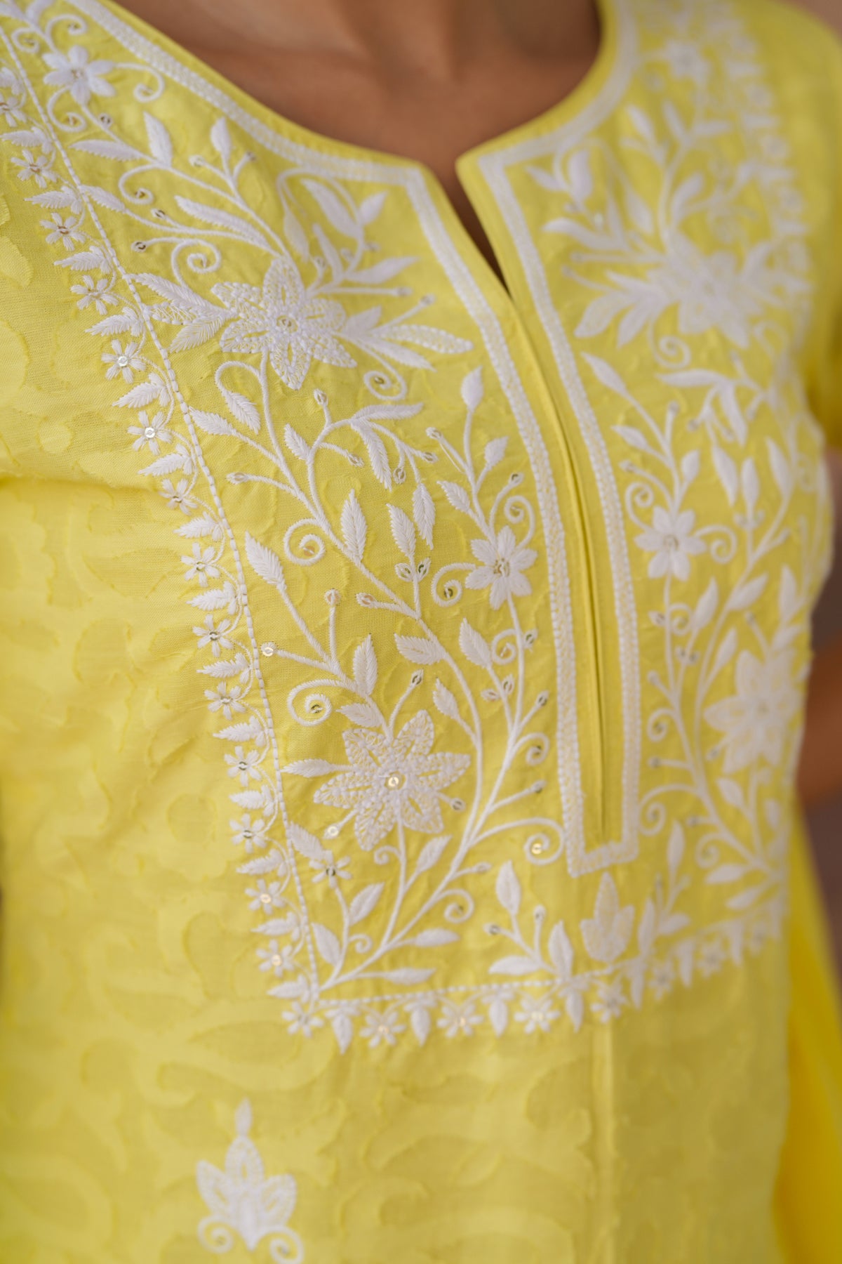 Yellow Jacquard Cotton Chikankari Sharara Set