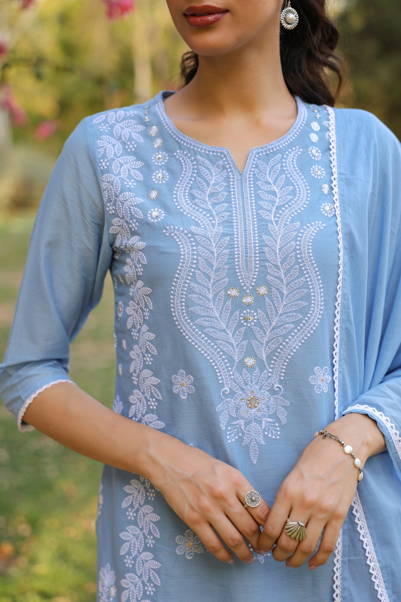 Blue Cotton Cambric Multi-Embroidered Straight Suit Set