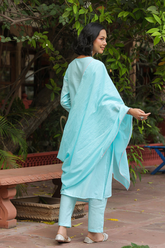 Soft firogi Bue Thread‑Embroidered Suit Set