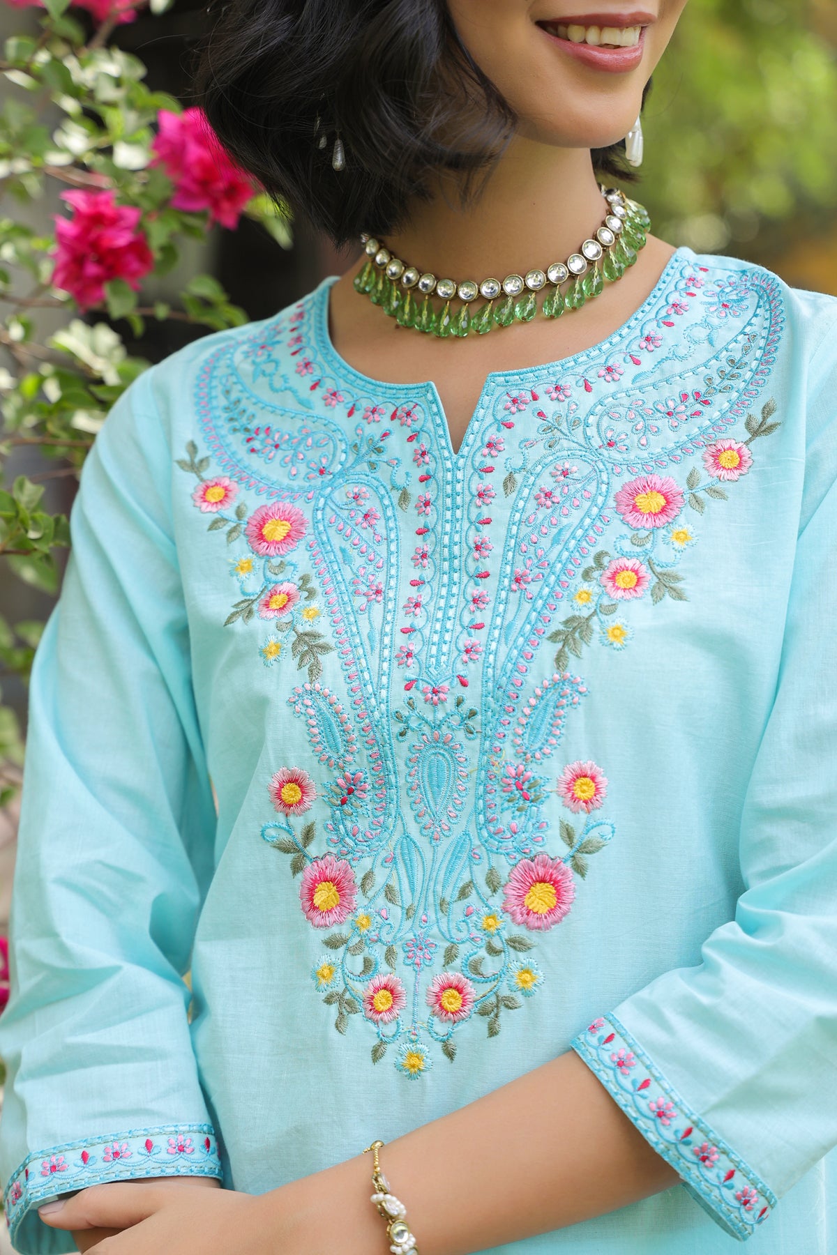 Soft firogi Bue Thread‑Embroidered Suit Set