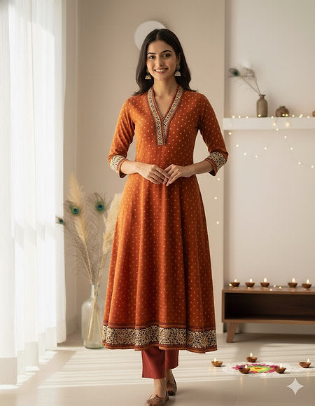 Rust Bandhej Printed Cotton Kurta