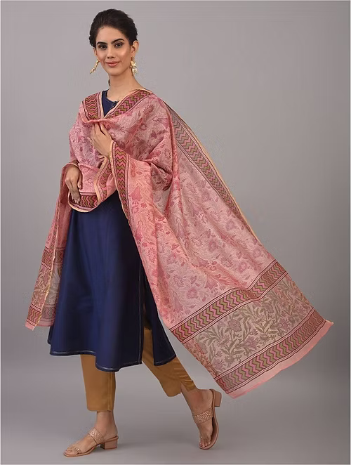 FameRoots Block-printed Chanderi Duppata with Zari