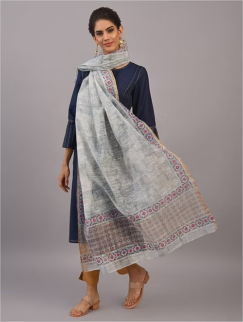 FameRoots Ivory Blue Texture Block-printed Chanderi Duppata with Zari