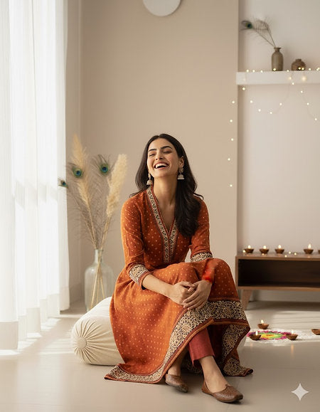 Rust Bandhej Printed Cotton Kurta