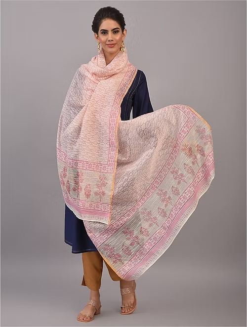 FameRoots Block-printed Chanderi Duppata with Zari
