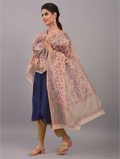 FameRoots Block-printed Chanderi Duppata with Zari