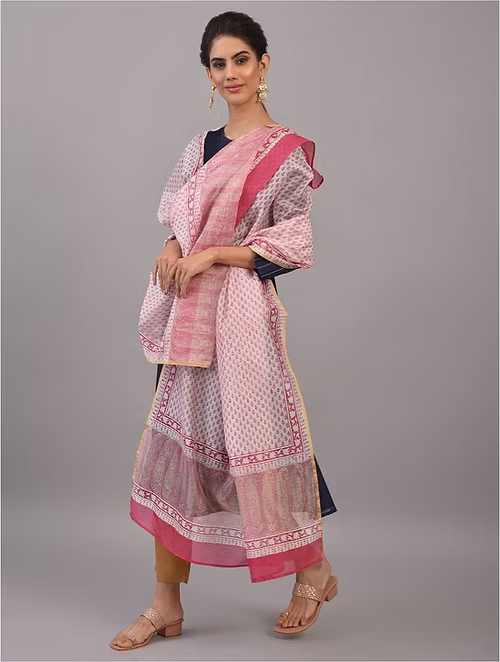 FameRoots Block-printed Chanderi Duppata with Zari