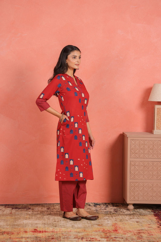 Brick Red Cotton Slub Straight Kurta with Afghani Pants Set