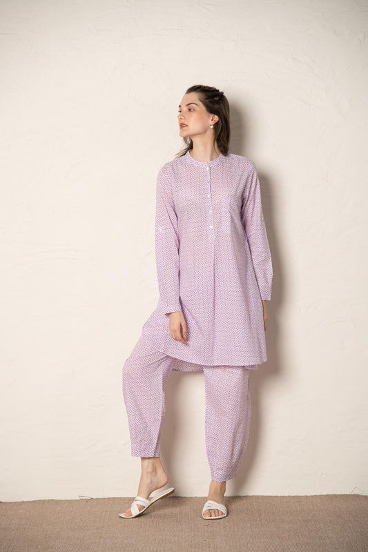 Lavender Cotton Printed Loose Fit UpâDown CoâOrd Set