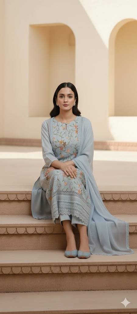 POWDER BLUE Viscose Organza 3-Piece Ethnic Suit Set β Kurta, Pant & Dupatta