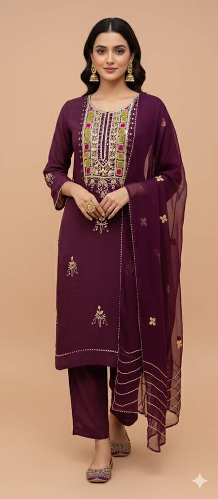 WINE COLOUR Viscose Organza 3-Piece Ethnic Suit Set β Kurta, Pant & Dupatta