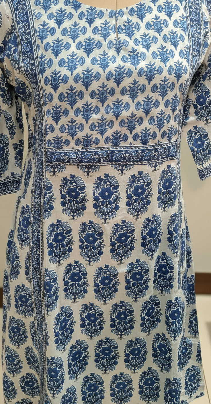 Blue Printed A-Line Kurta with Pant and Dupatta