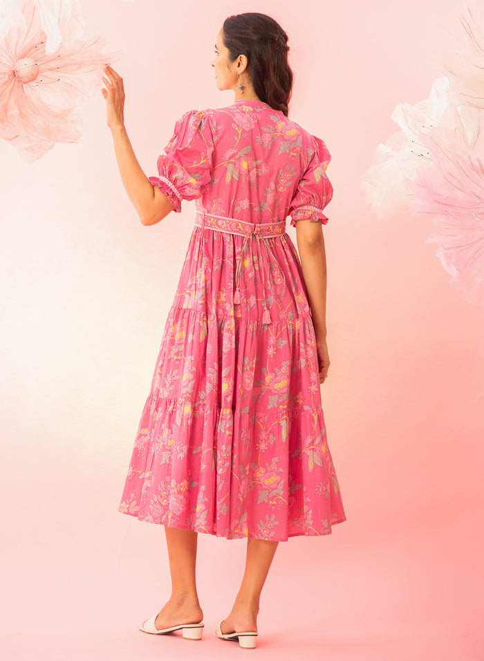 Pink Printed Tiered Maxi Dress with a Belt
