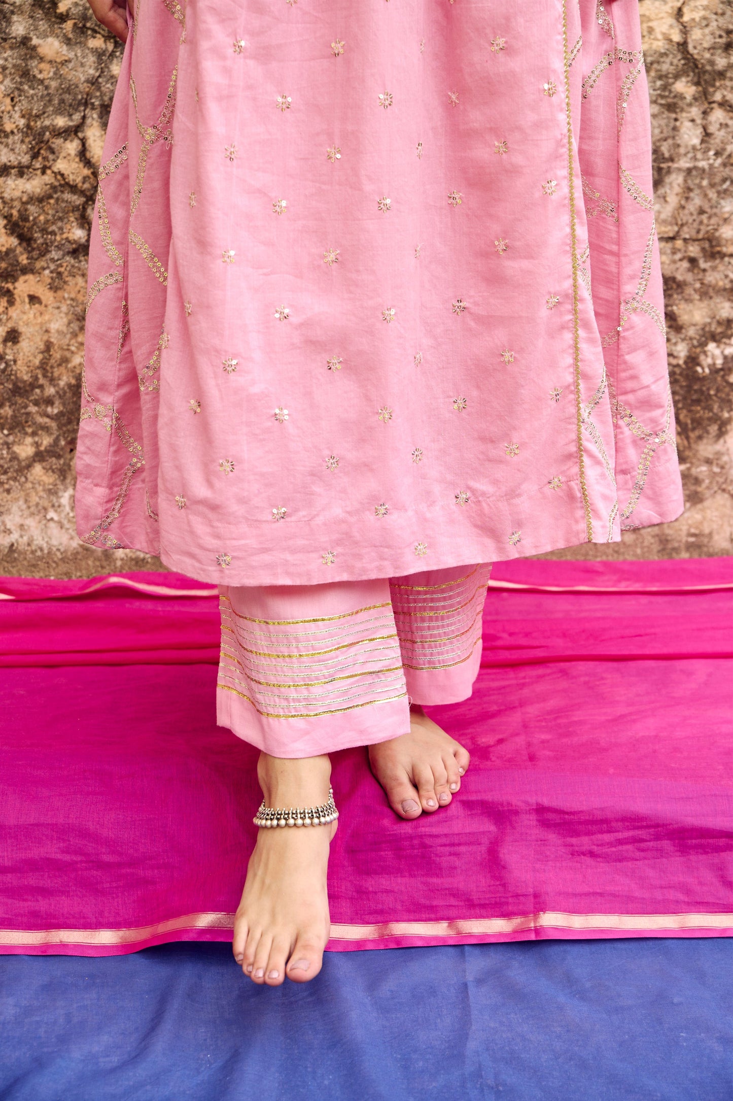 Pink Embroidered Mulmul Kurta Pant Set