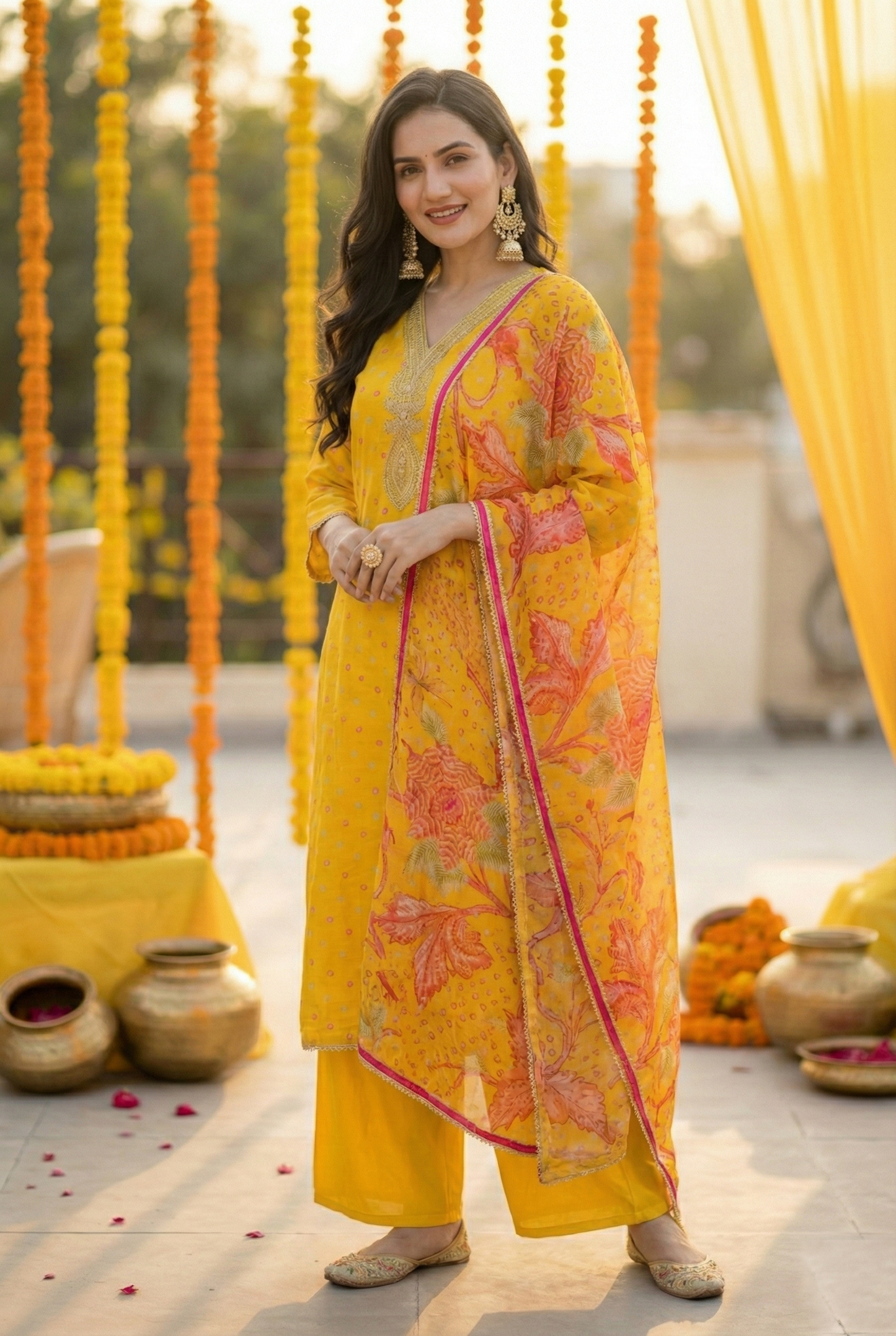 Soft Summer Yellow Pure Viscose 3-Piece Ethnic Suit Set – Kurta, Pant & Floral Silk Dupatta