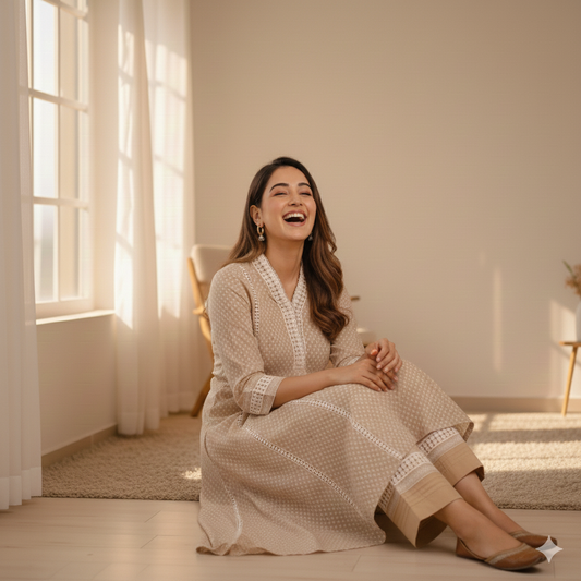 Beige A-Line Kurta with Crochet Lace