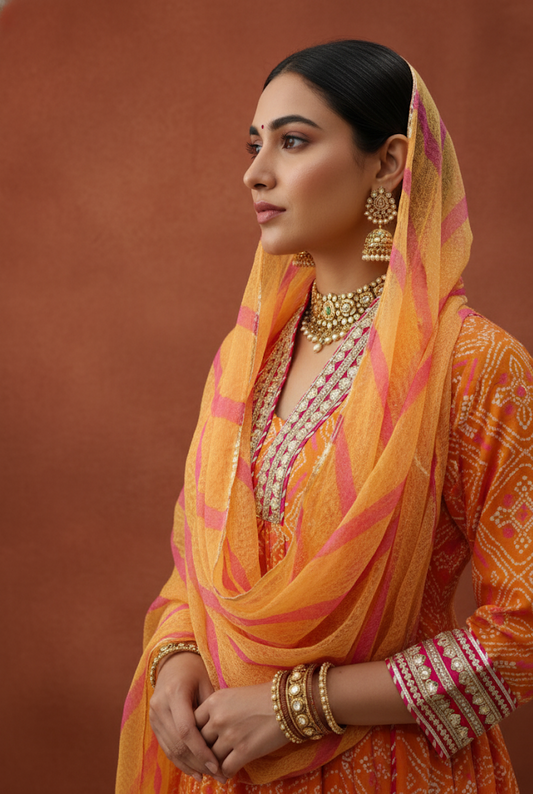 Rust Chanderi Gota Embellished Kurta‑Pant Set with Dupatta