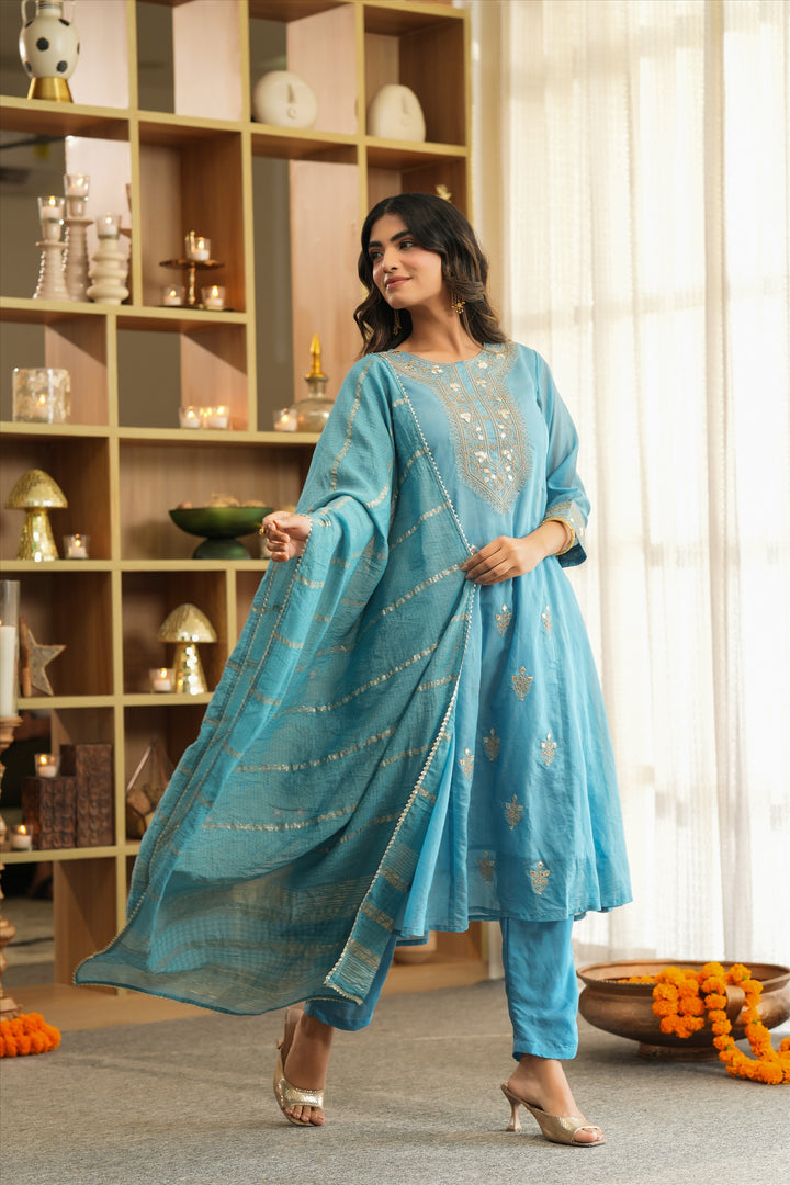 Blue Mul Chanderi Dori Embroidered Anarkali Suit Set