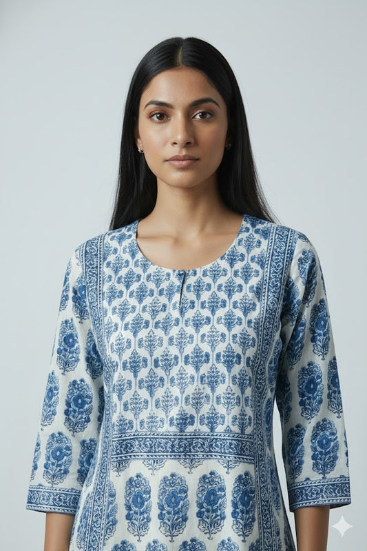 Blue Printed A-Line Kurta with Pant and Dupatta