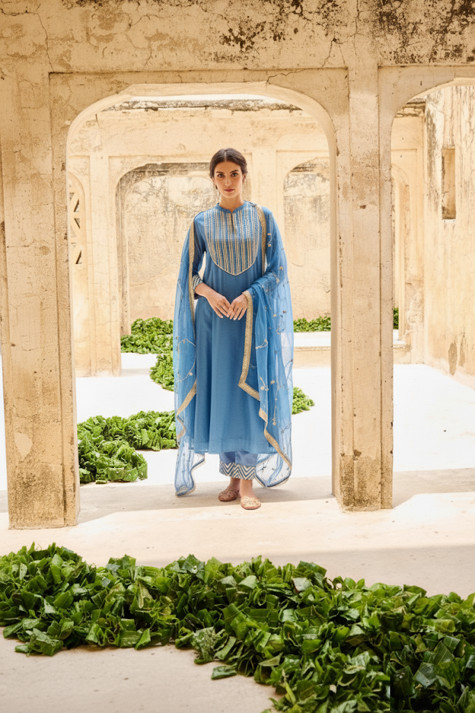 Blue Mulmul Gota Embellished Kurta-Pant-Dupatta Set