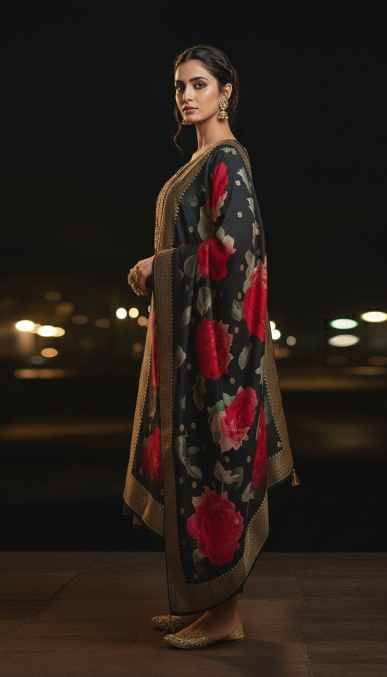 Black Pure Viscose 3-Piece Ethnic Suit Set β Kurta, Pant & Banarasi-Style Floral Silk Dupatta