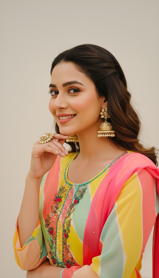 MULTI COLOUR Viscose Organza 3-Piece Ethnic Suit Set β Kurta, Pant & Dupatta