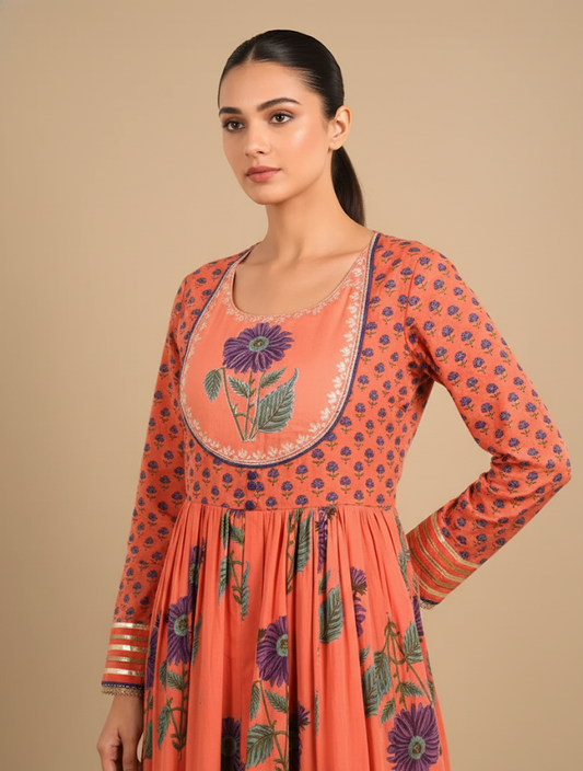 Vibrant orange cotton mulmul kalidaar kurta