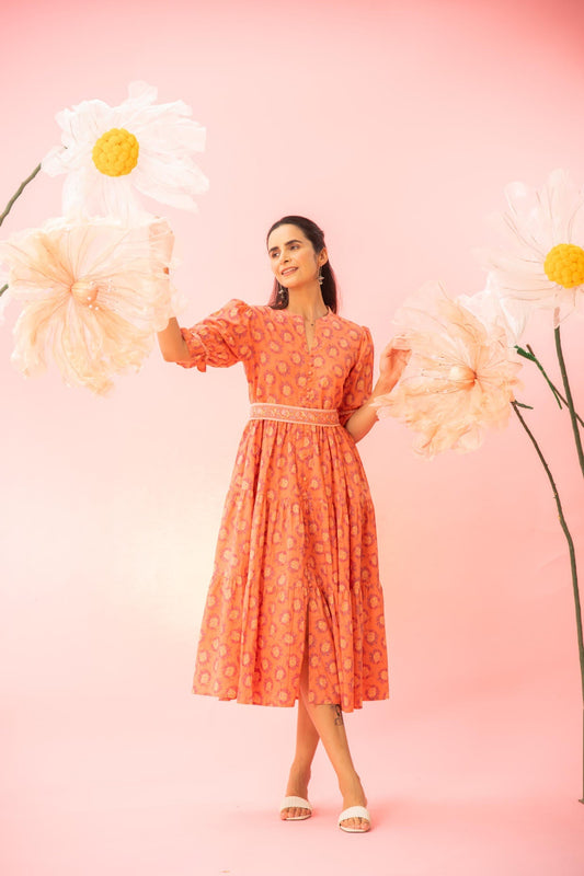Orange Printed Tiered Maxi Dress with a Belt