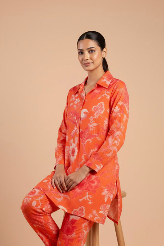 Orange Modal Full Sleeves Shirt Collar CoâOrd Set