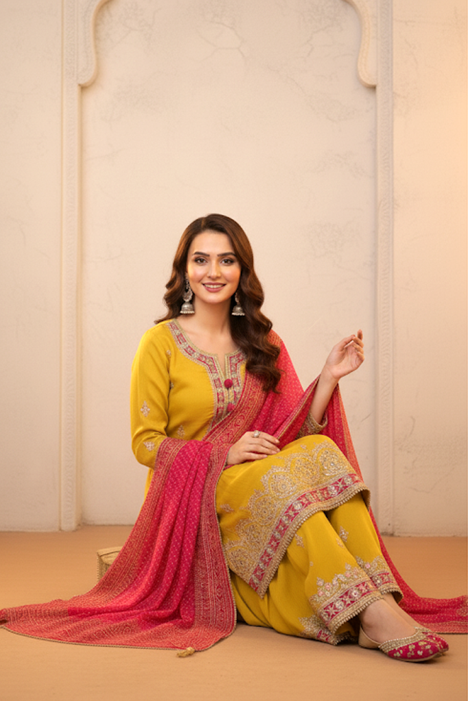 Mustard–Pink Ethnic Suit Set – Kurta, Palazo & Banarasi Silk Dupatta