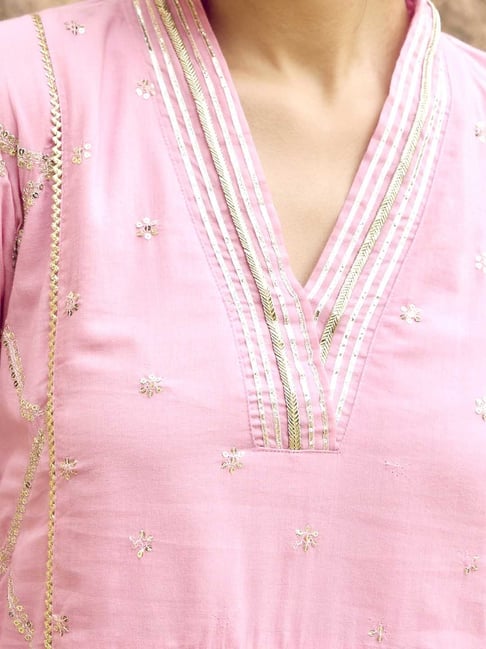 Pink Embroidered Mulmul Kurta Pant Set