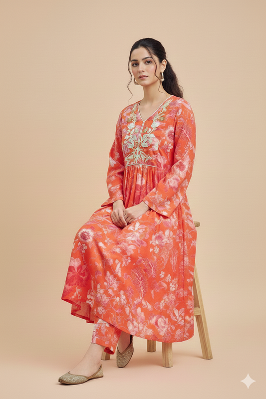 Orange Modal Embroidered Co‑Ord Set