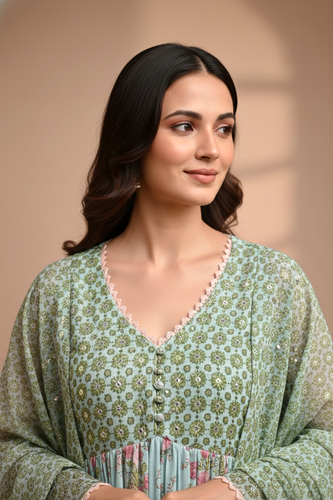 Green Mulmul Embroidered Kurta Palazzo Set with Dupatta