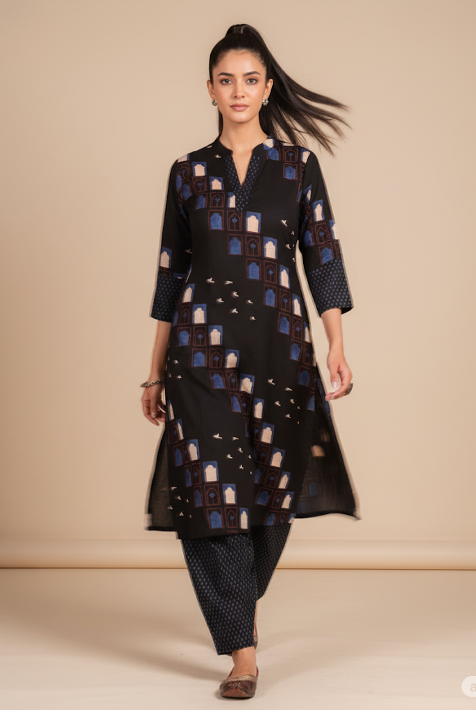 Black Cotton Slub Kurta + Afghani Pant