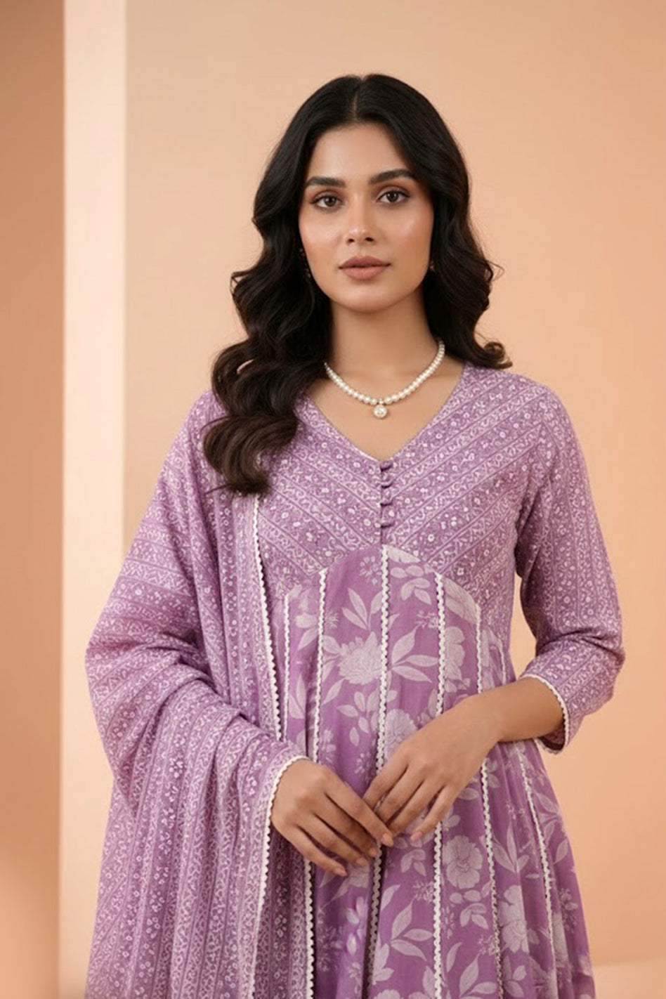 Soft lavender Floral Printed Mulmul Kurta and Pant with Lucknowi Embroidery