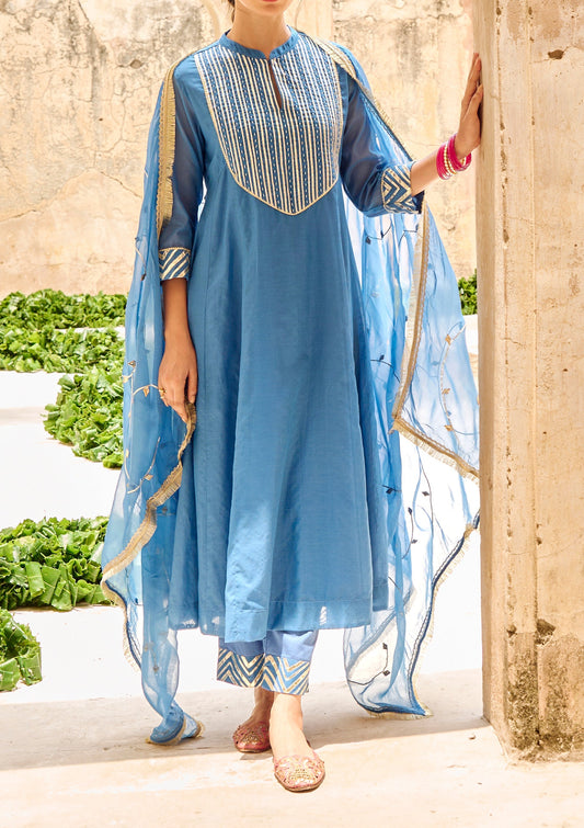 Blue Mulmul Gota Embellished Kurta-Pant-Dupatta Set