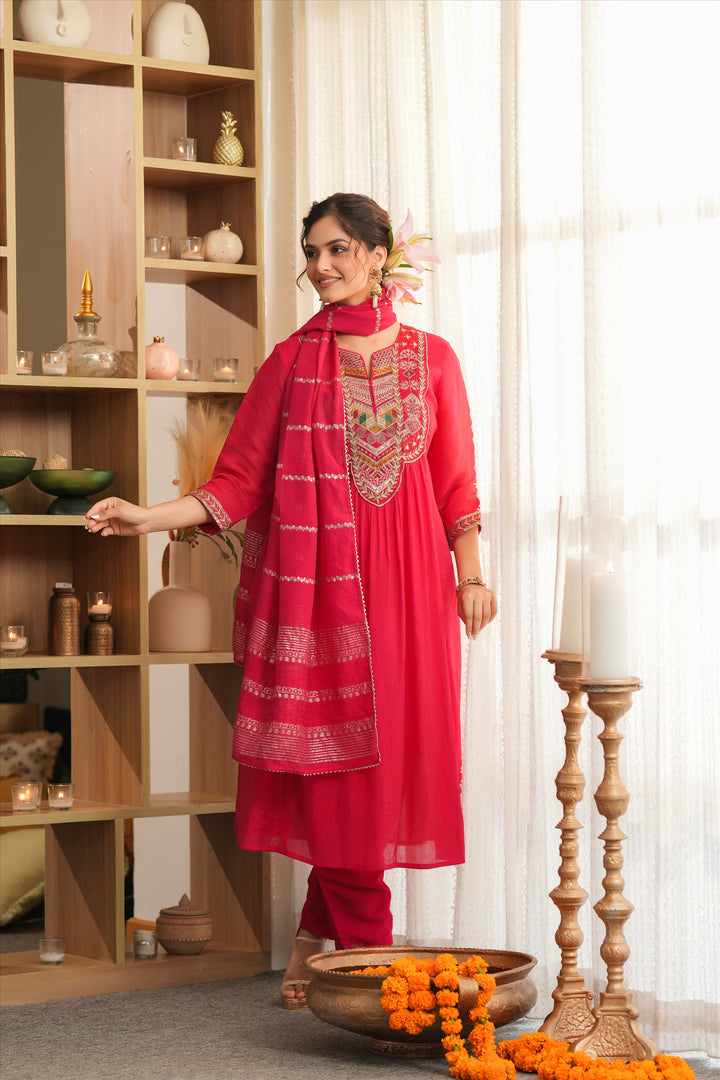 Red Mul Chanderi Thread‑Embroidered Anarkali Suit Set