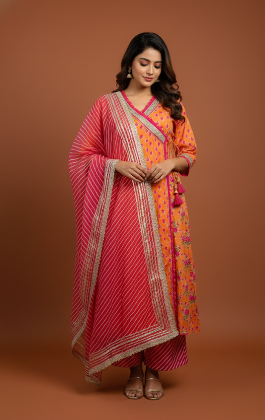 Vibrant Orange Mulmul Kalidaar Kurta with Zari Patch Embroidery