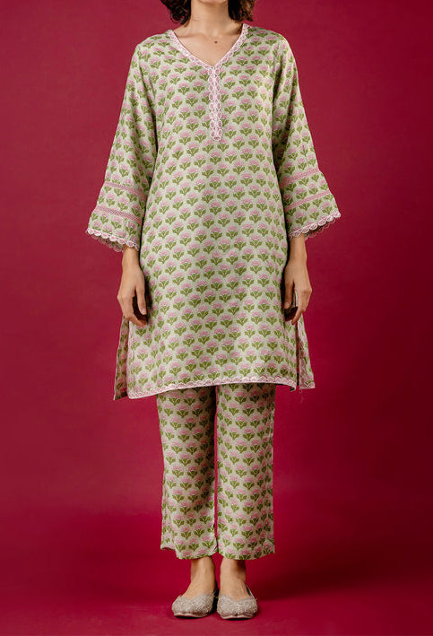 Pistachio Green Muslin Co-Ord Set with Embroidered Laces β Refined Comfort