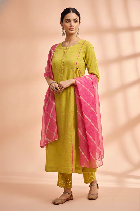 Lime Green Embroidered Kurta Pant Set with Dupatta