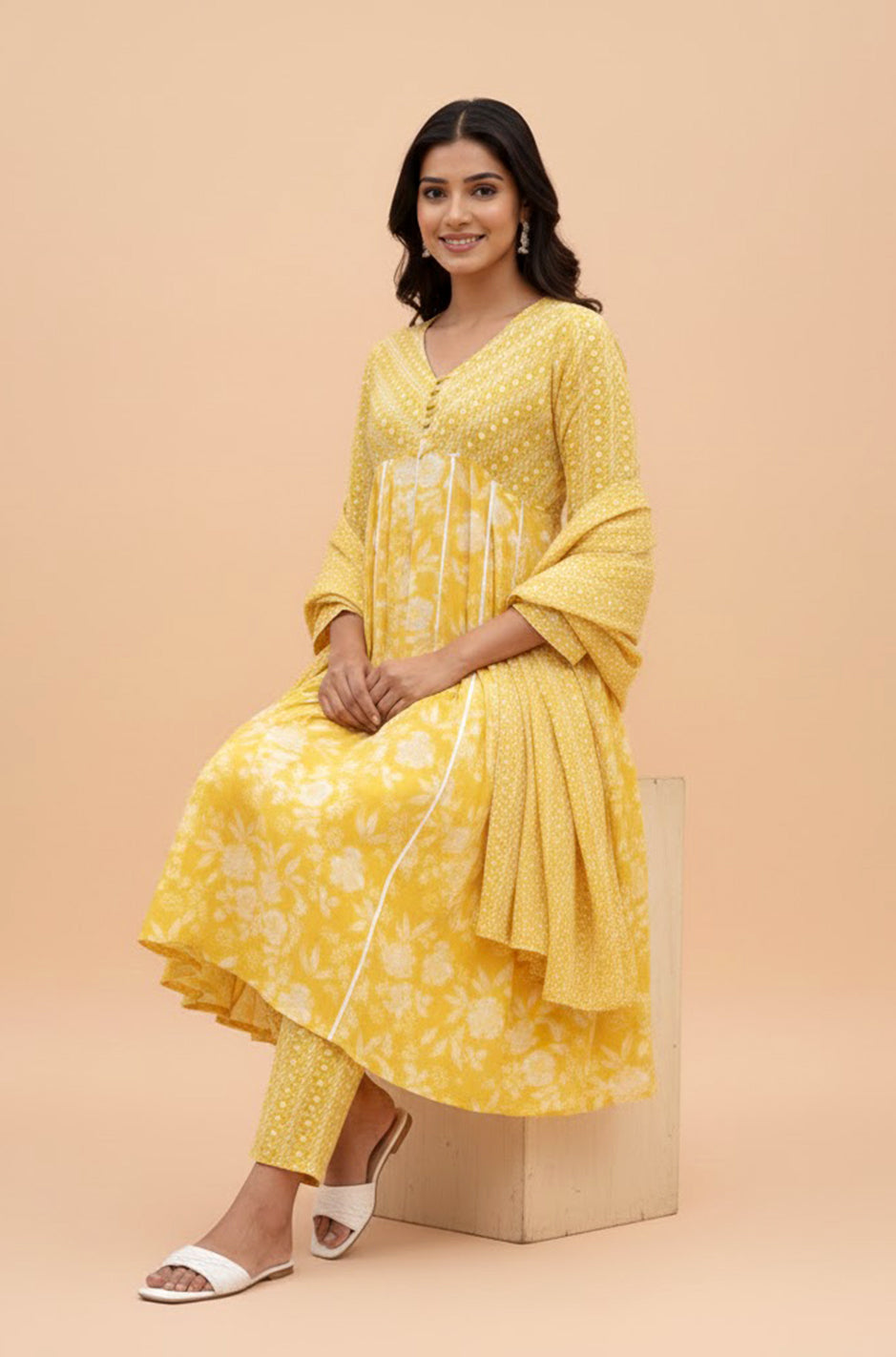 Yellow Floral Anarkali suit set