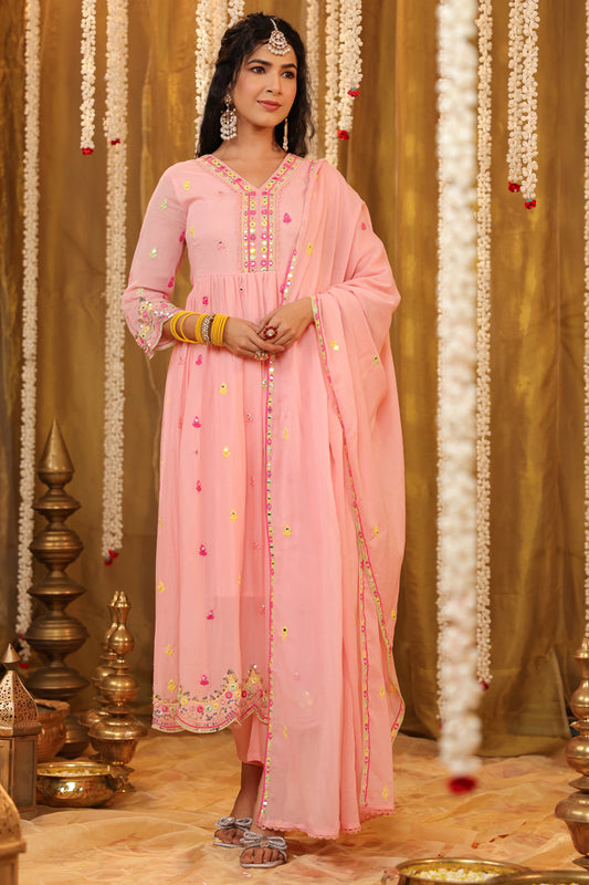 Pink Cotton Mulmul Yoke Embroidered Anarkali Suit Set