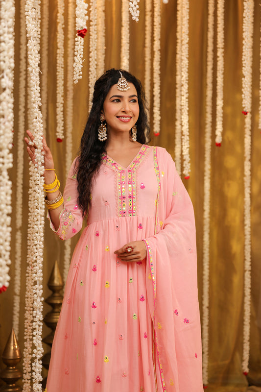 Pink Cotton Mulmul Yoke Embroidered Anarkali Suit Set