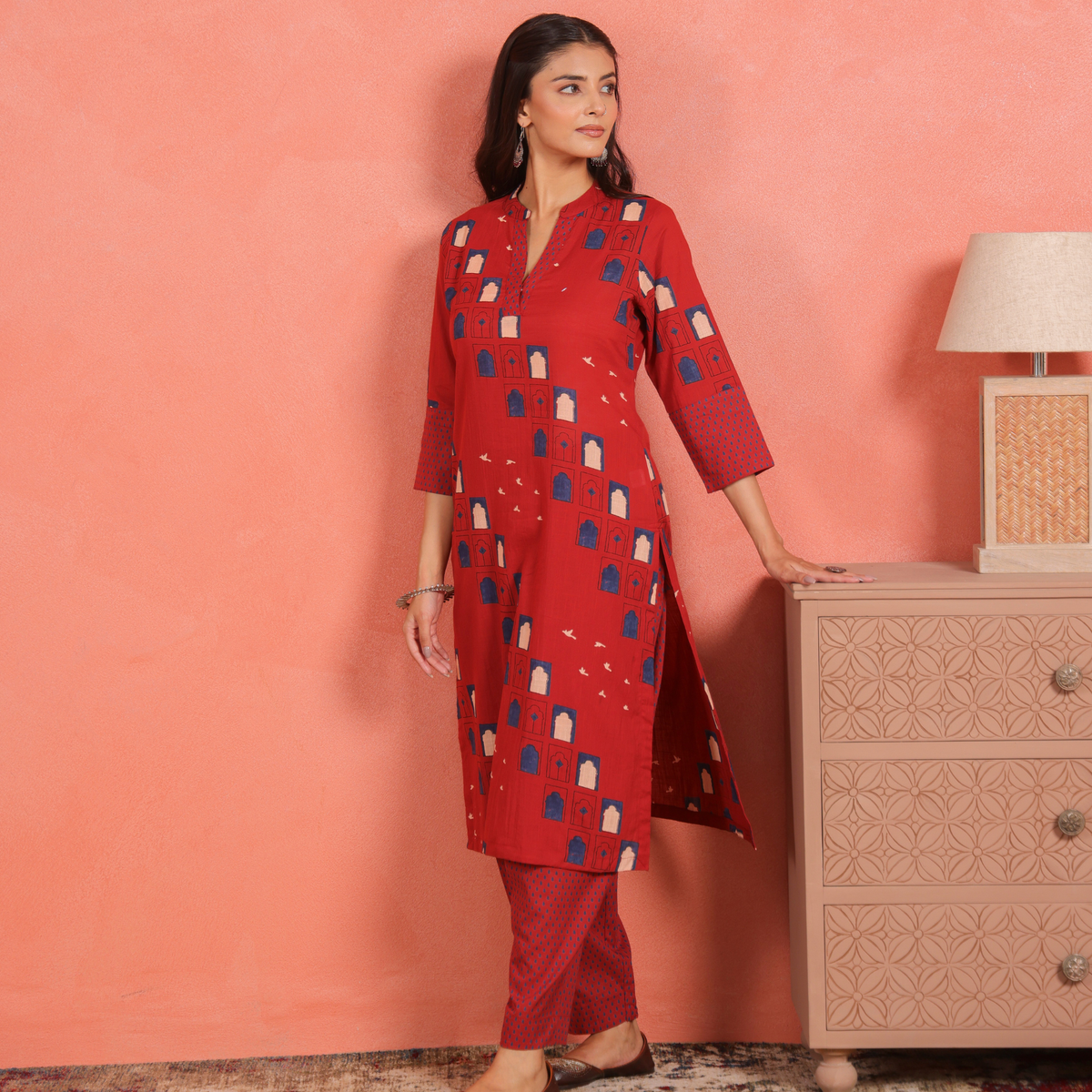 Brick Red Cotton Slub Straight Kurta with Afghani Pants Set