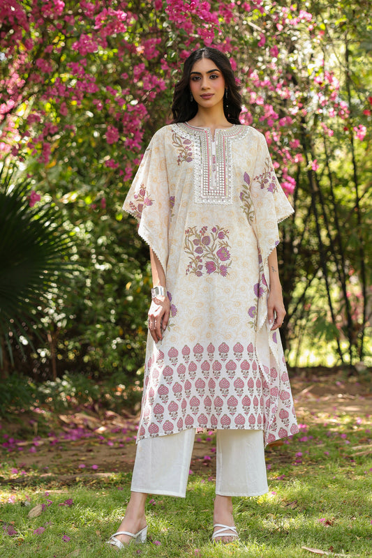 Purple Jaal‑Motifs Cotton Block Printed Kaftan Set