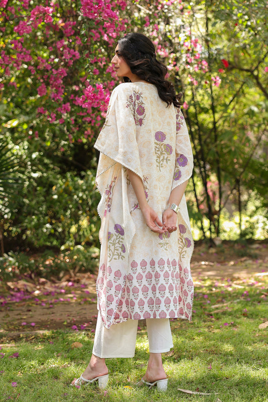 Purple Jaal‑Motifs Cotton Block Printed Kaftan Set