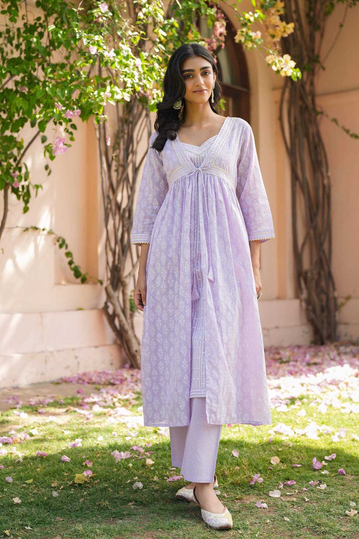 Purpal Cotton Mulmul Khari-Printed Shrug, Kurta & Pant Set