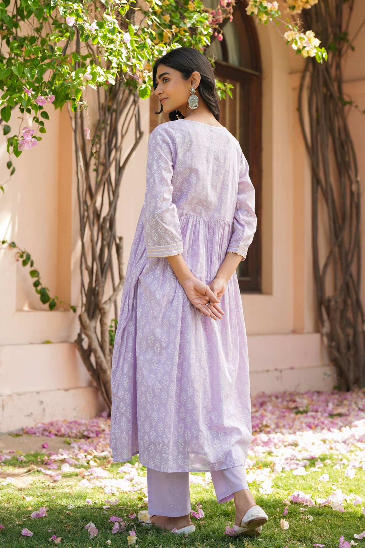 Purpal Cotton Mulmul Khari-Printed Shrug, Kurta & Pant Set